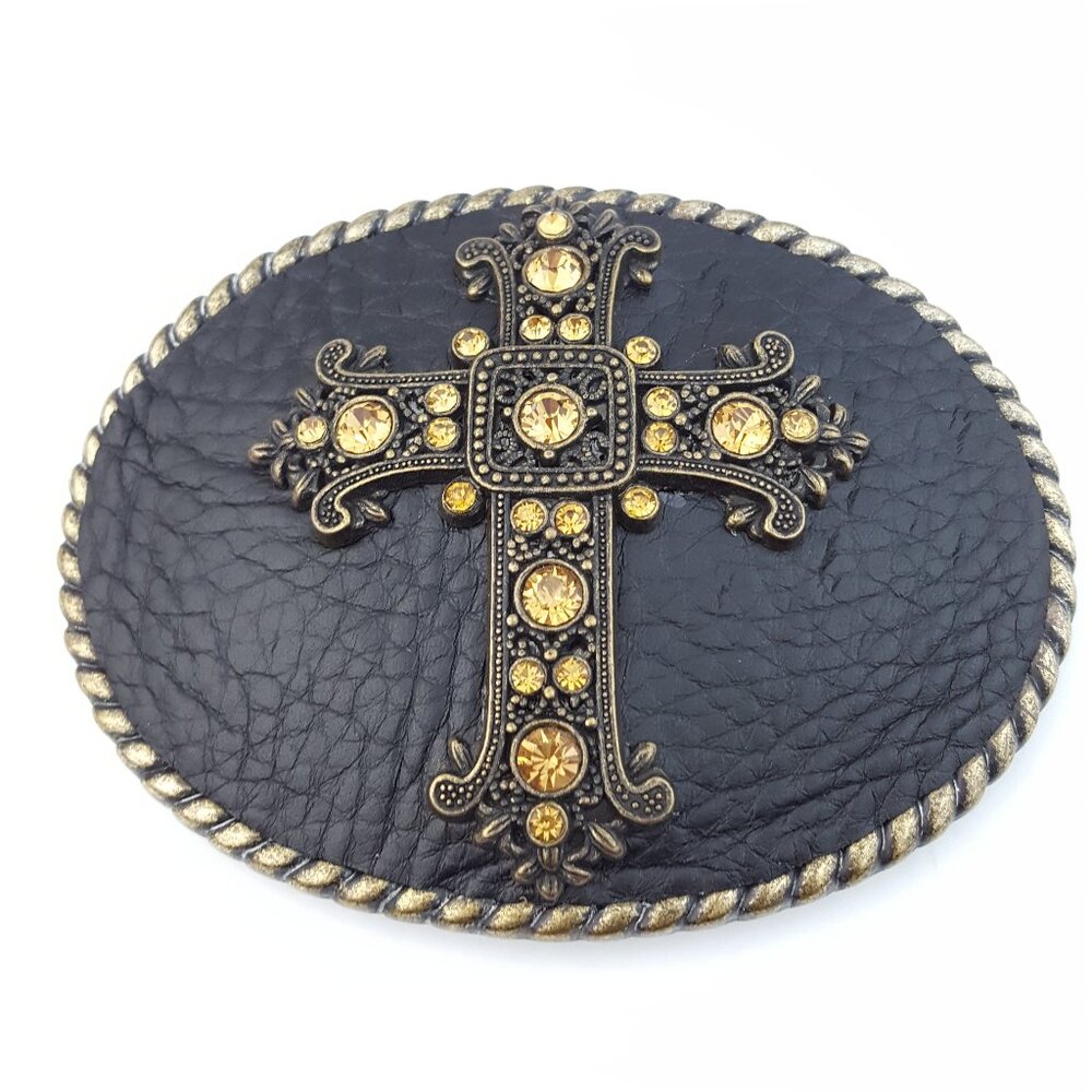 Western Oval Buckle with Black Leather and Cross